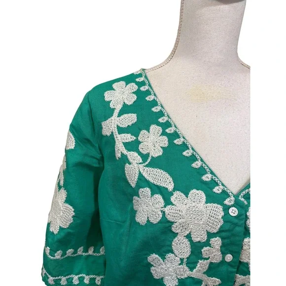 Sezane Antika Green Top Size 42 (US 10), French girl, romantic, embroidered - Picture 4 of 6